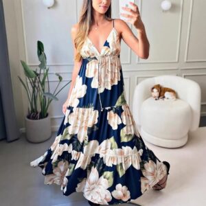 Strapless Waist-cinching Maxi Dress With A Flared Skirt And Floral Print
