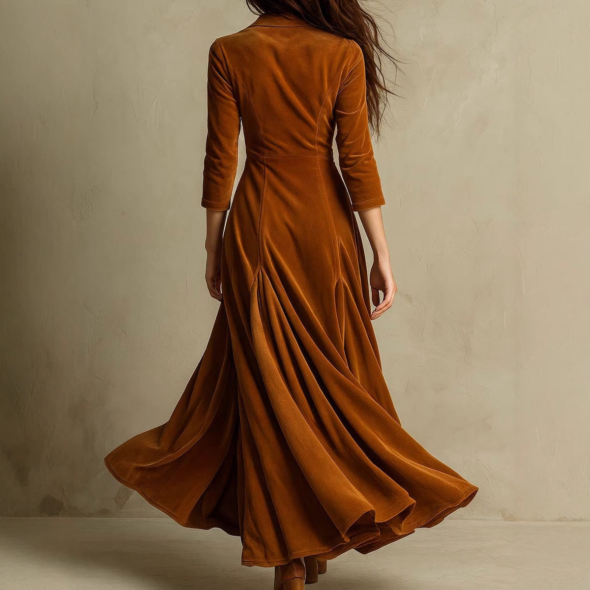 Solid Color Buttons Lapel 34 Sleeve Maxi Dress Waist Expansion Skirt - Image 2