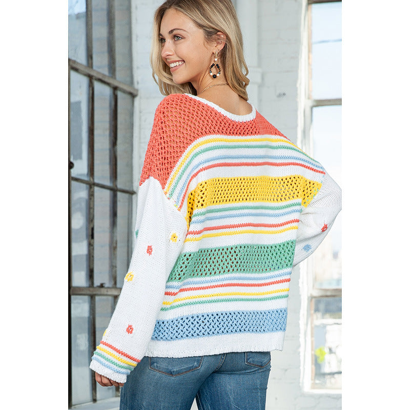 Rainbow Striped Pullover Women's European And American Fashion Dopamine Contrast Color Round Neck Sweater - Image 4