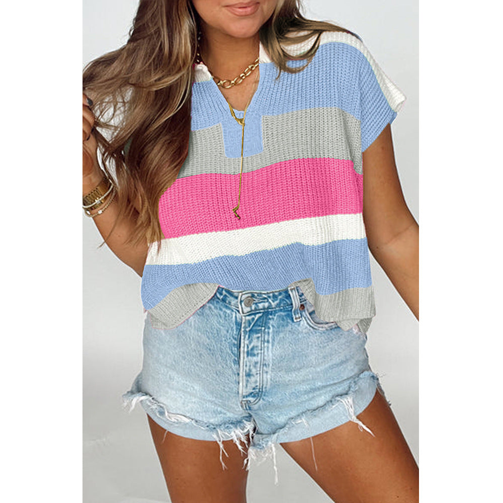 Women's U-collar Dopamine Contrast Color Casual Sweater With Short Sleeves - Image 7