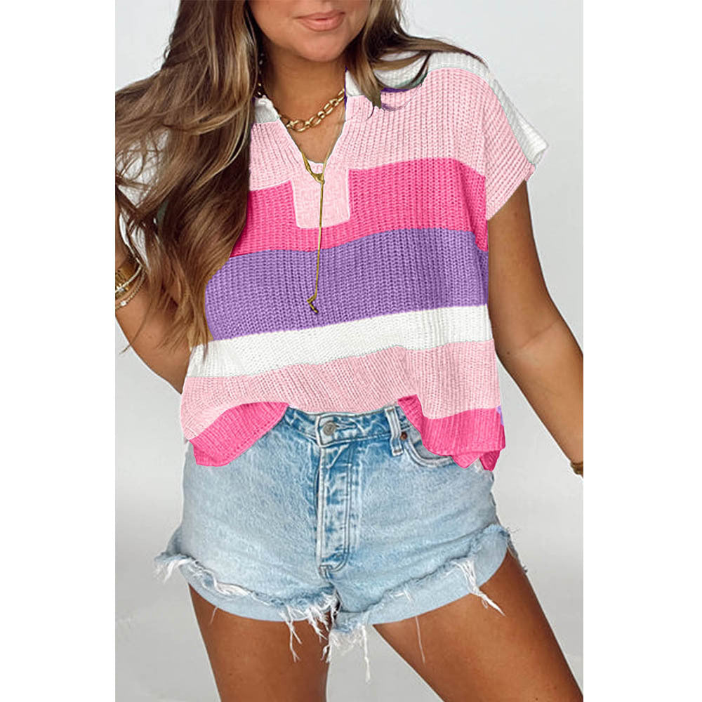 Women's U-collar Dopamine Contrast Color Casual Sweater With Short Sleeves - Image 8