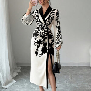 Womens Skirt Floral Print Cross Neckline Slit Maxi Dress