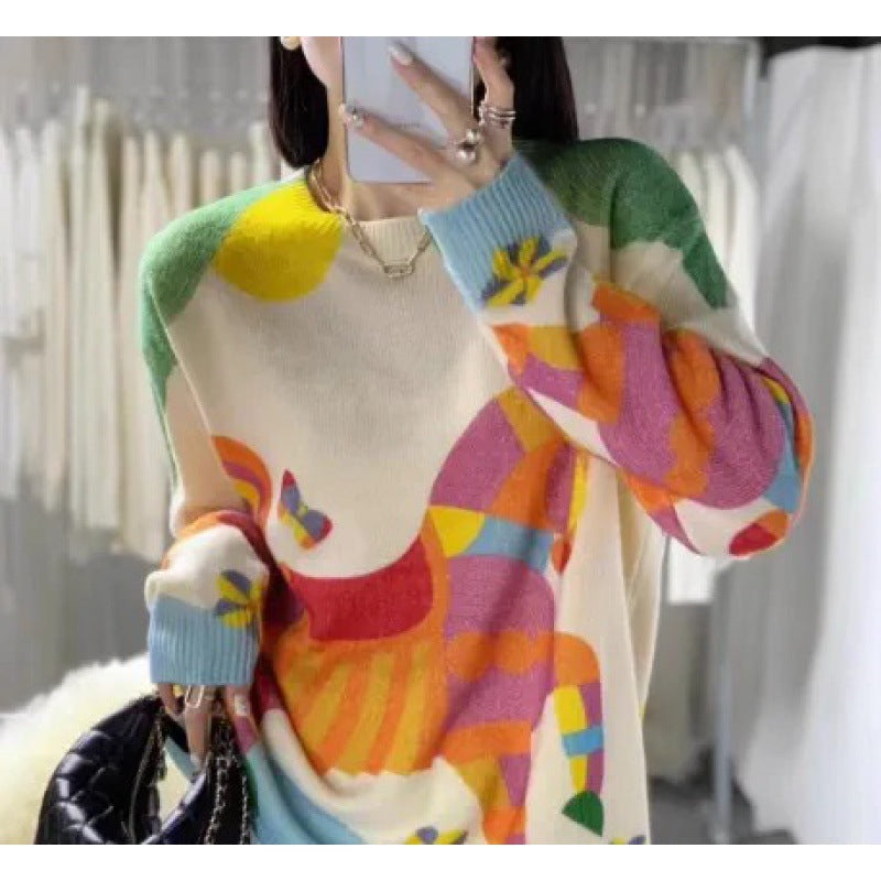 Round Neck Digital Printing Horse Dopamine Knitted Long Sleeve Bottoming Shirt Top - Image 2