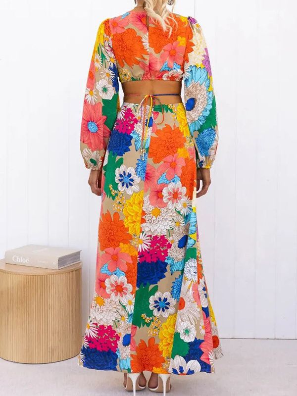 Long Sleeve Dopamine Print Lace-up Midriff Outfit Holiday Dress Women - Image 5