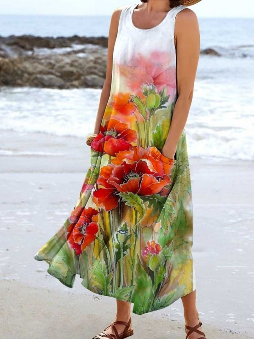 Women's Landscape Floral Maxi Dress Slim Fit Casual Skirt - Image 17