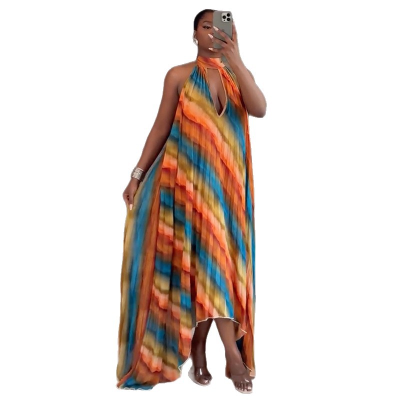 Neck-hanging Printed Hollow-out Loose Pleated Maxi Dress Long Skirt - Image 5