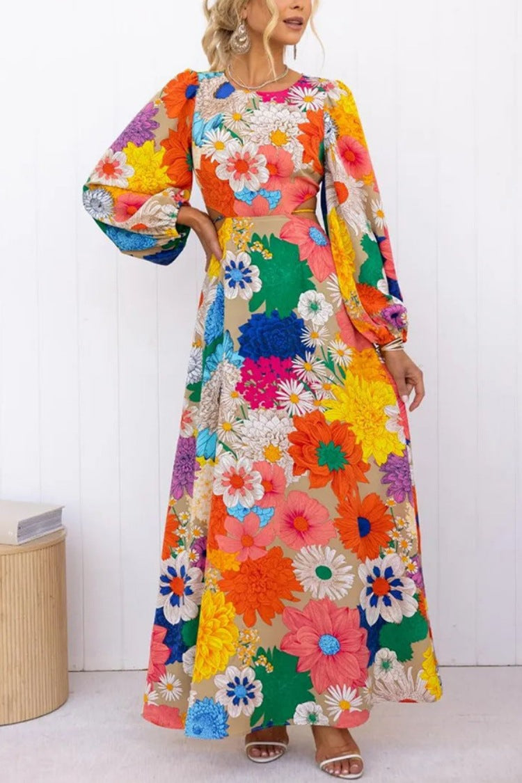 Long Sleeve Dopamine Print Lace-up Midriff Outfit Holiday Dress Women - Image 10
