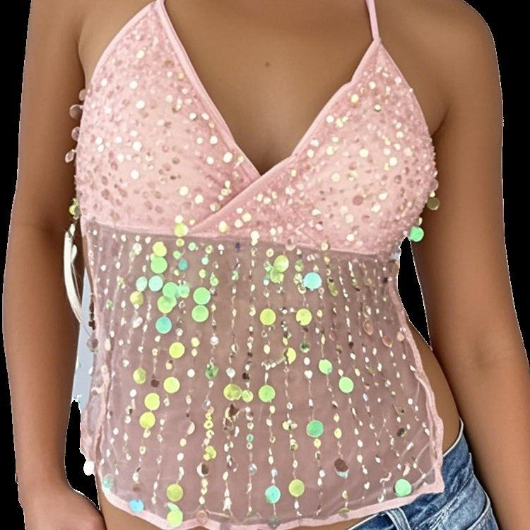 Women's Dopamine Sequined Suspender Deep V Strap Top - Image 2