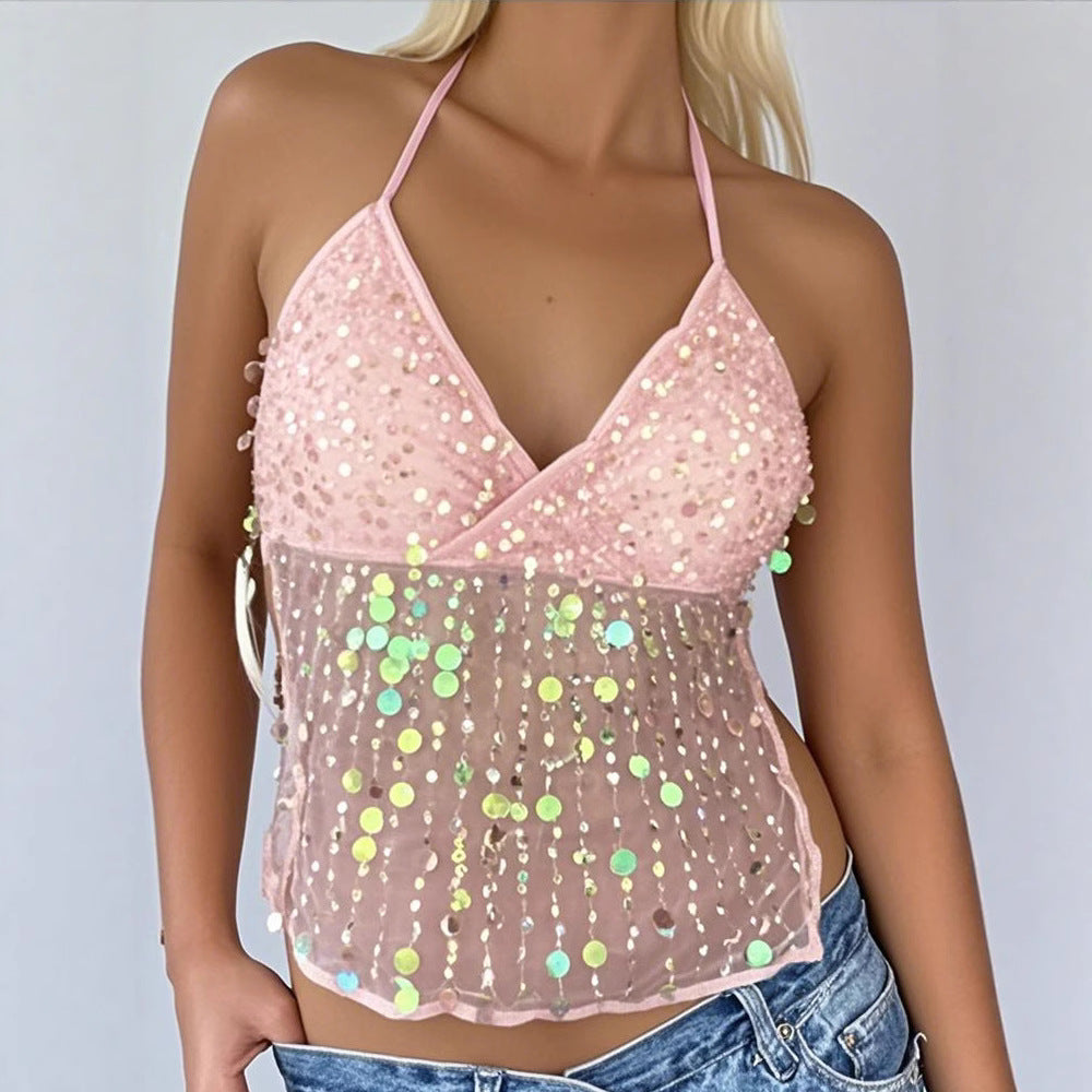 Women's Dopamine Sequined Suspender Deep V Strap Top - Image 3
