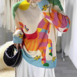 Round Neck Digital Printing Horse Dopamine Knitted Long Sleeve Bottoming Shirt Top
