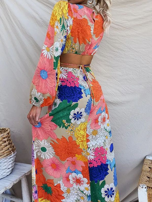 Long Sleeve Dopamine Print Lace-up Midriff Outfit Holiday Dress Women - Image 6