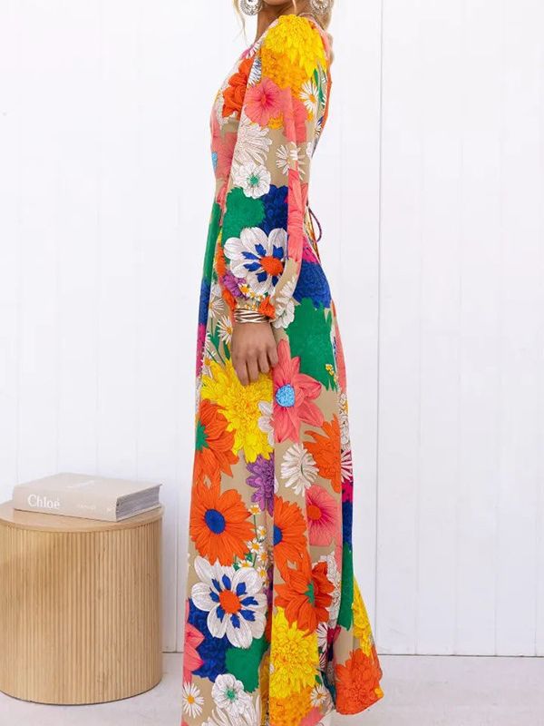 Long Sleeve Dopamine Print Lace-up Midriff Outfit Holiday Dress Women - Image 3