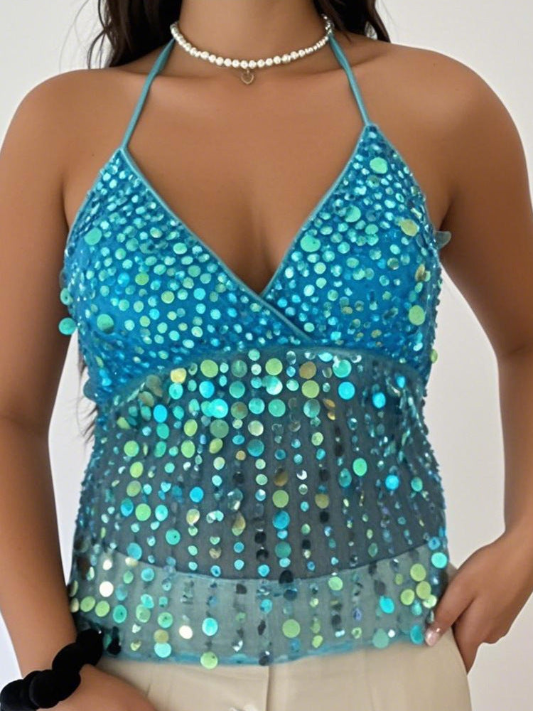 Women's Dopamine Sequined Suspender Deep V Strap Top - Image 6