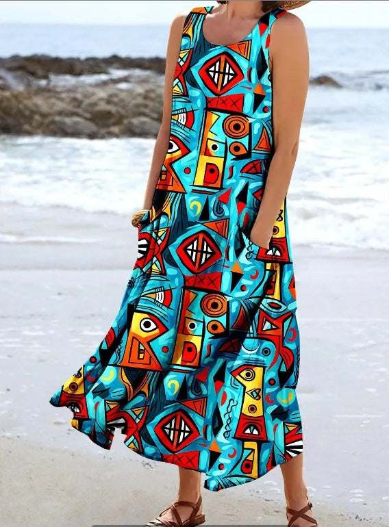 Women's Landscape Floral Maxi Dress Slim Fit Casual Skirt - Image 15