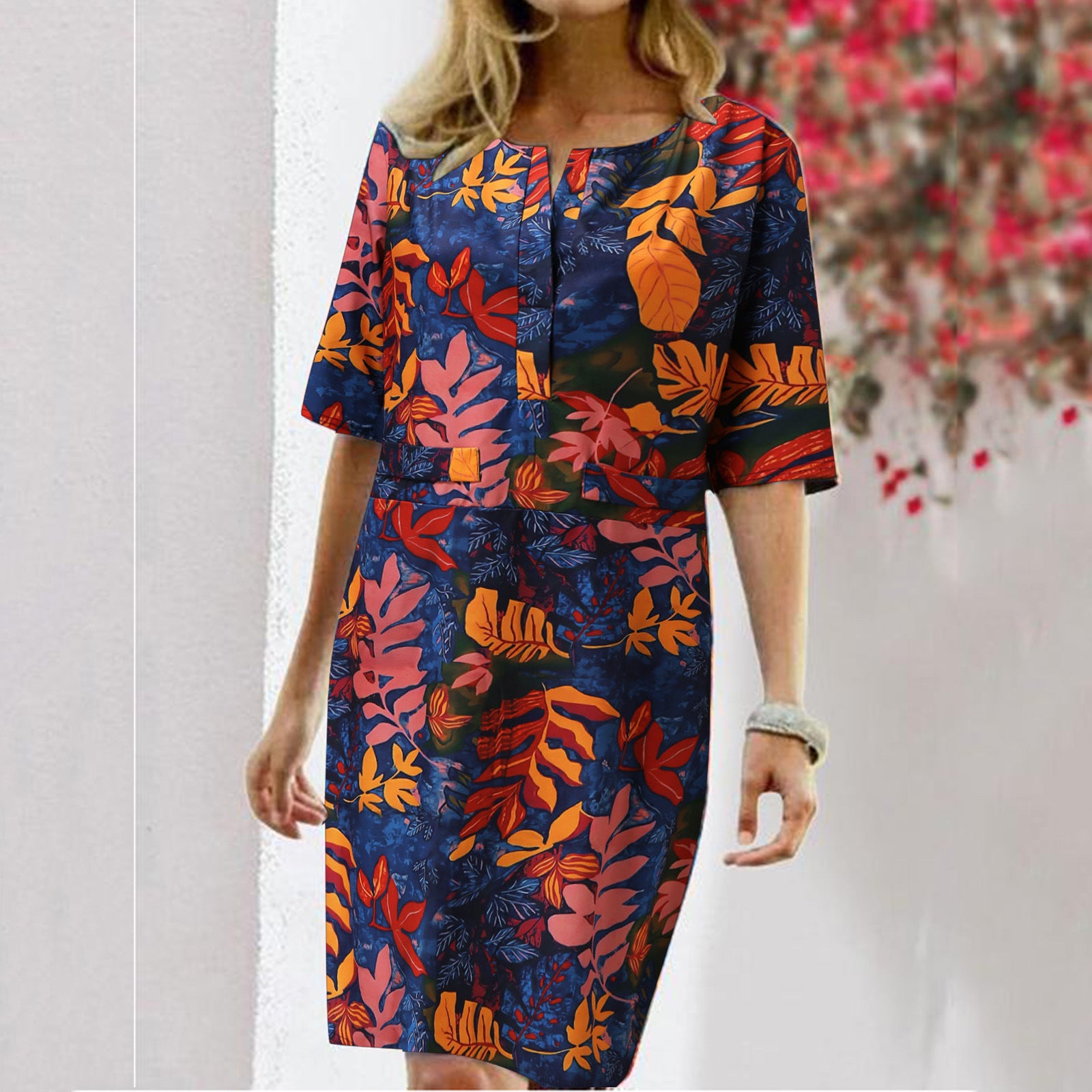 Vintage Dress Women Summer Floral Leaf Print Slit Round Neck Half Sleeve Dresses - Image 5